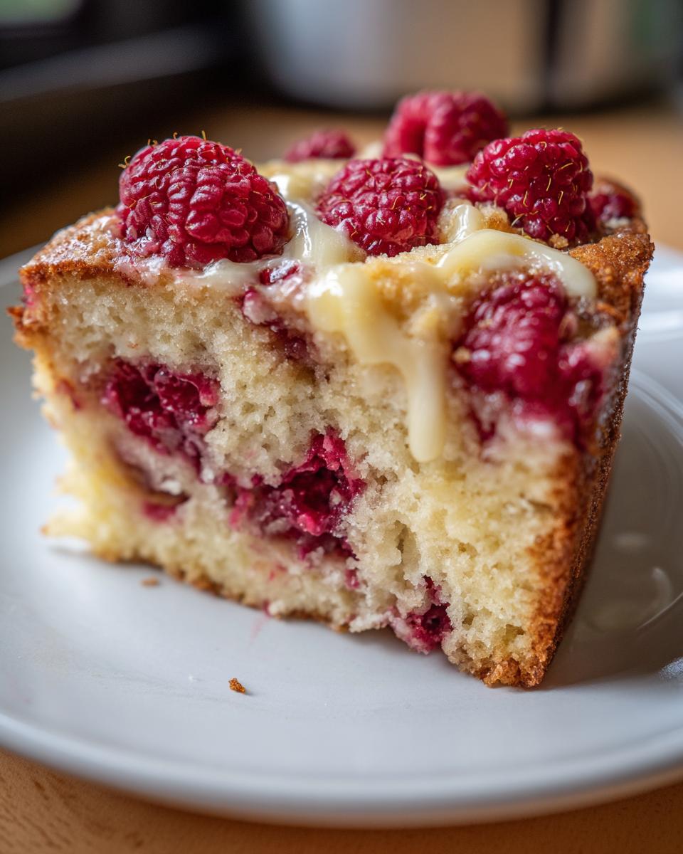 A slice of Raspberry White Chocolate Cake topped with fresh raspberries and white chocolate drizzle.