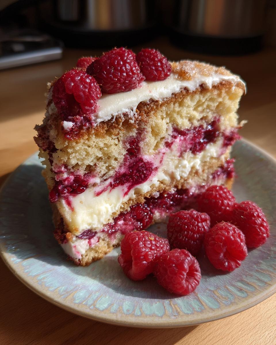 A slice of delicious Raspberry White Chocolate Cake with fresh raspberries on a plate.