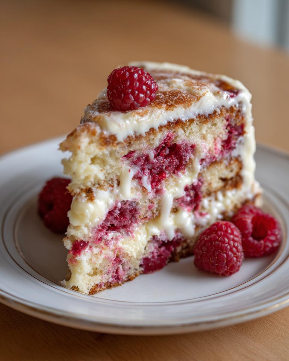 A slice of Raspberry White Chocolate Cake on a plate, with fresh raspberries and white chocolate frosting.