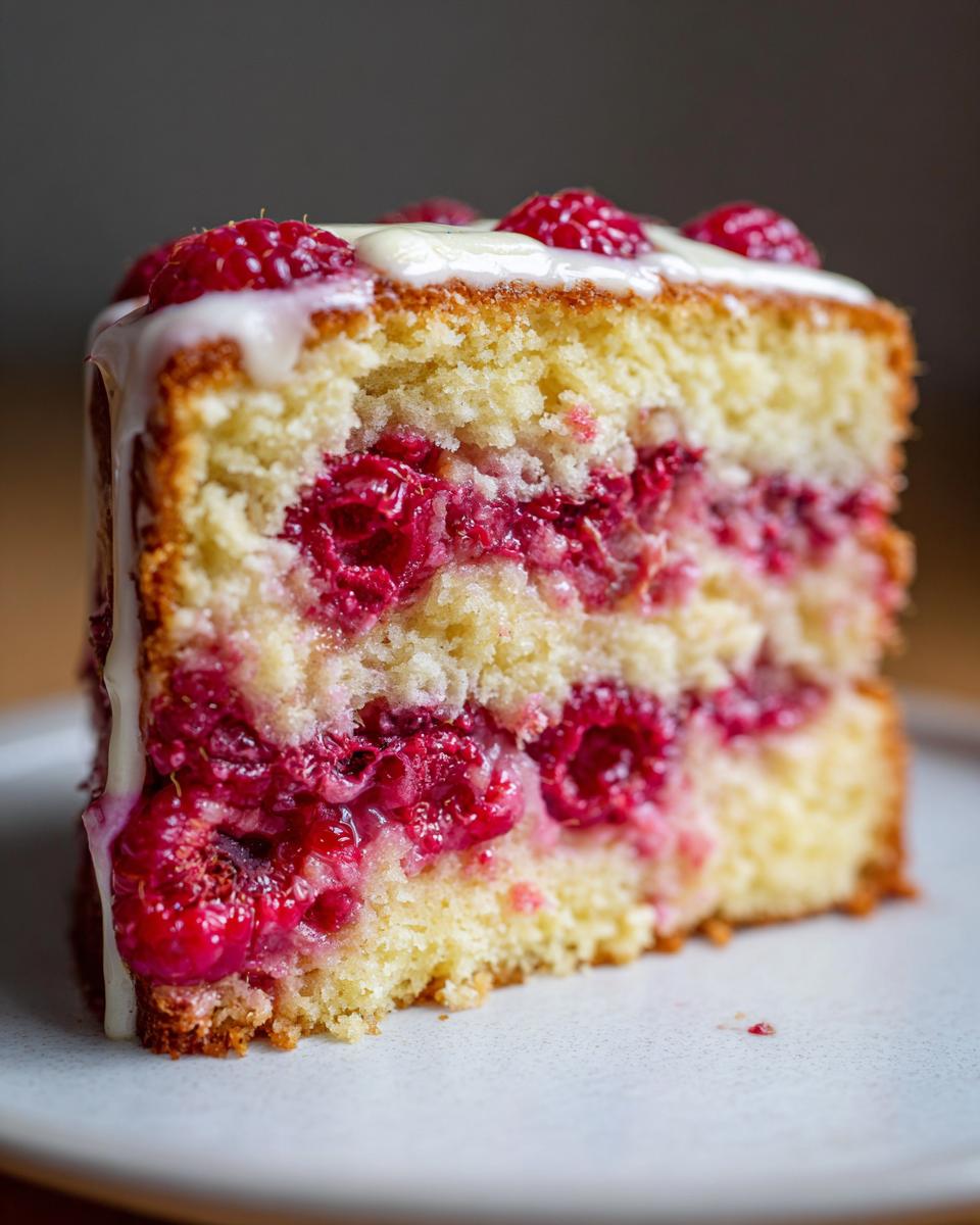 Close-up of a slice of Raspberry White Chocolate Cake with fresh raspberries and white chocolate drizzle.