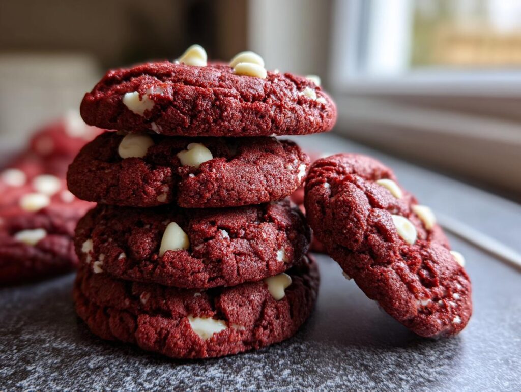 A stack of freshly baked Red Velvet Cookies with white chocolate chips.