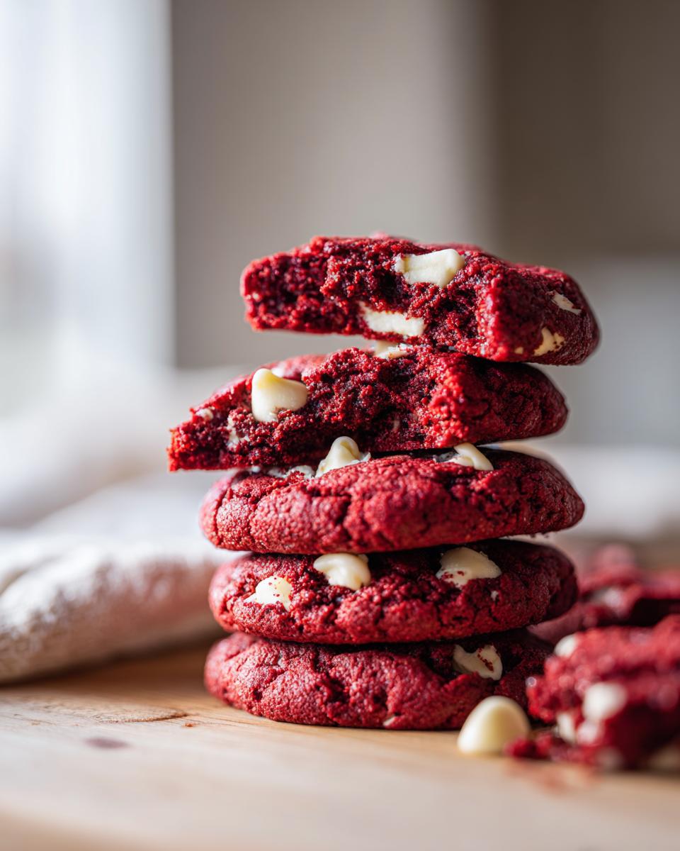 A stack of freshly baked Red Velvet Cookies with white chocolate chips.