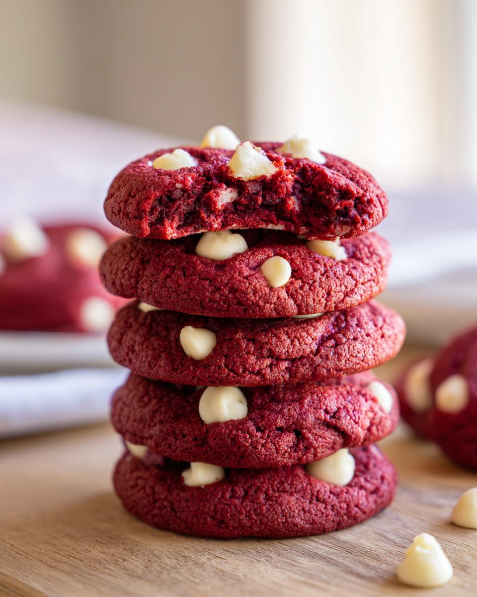 A stack of freshly baked Red Velvet Cookies with white chocolate chips on a wooden surface.