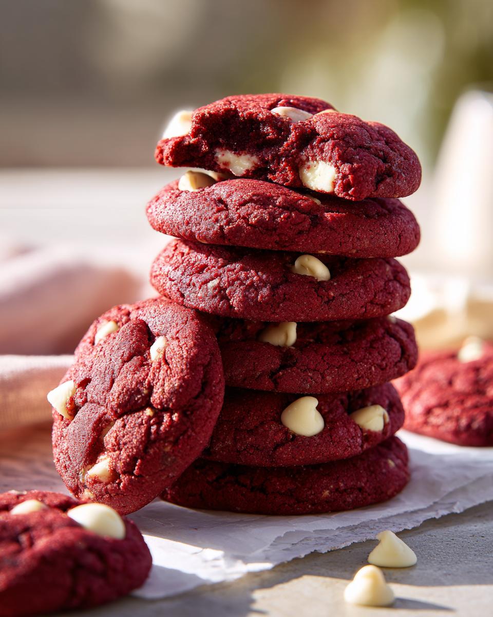 A stack of freshly baked Red Velvet Cookies with white chocolate chips, close-up shot.