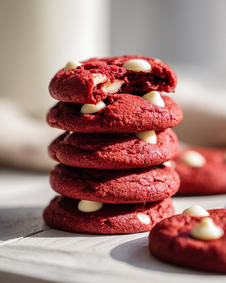 A stack of freshly baked Red Velvet Cookies with white chocolate chips, close-up shot.