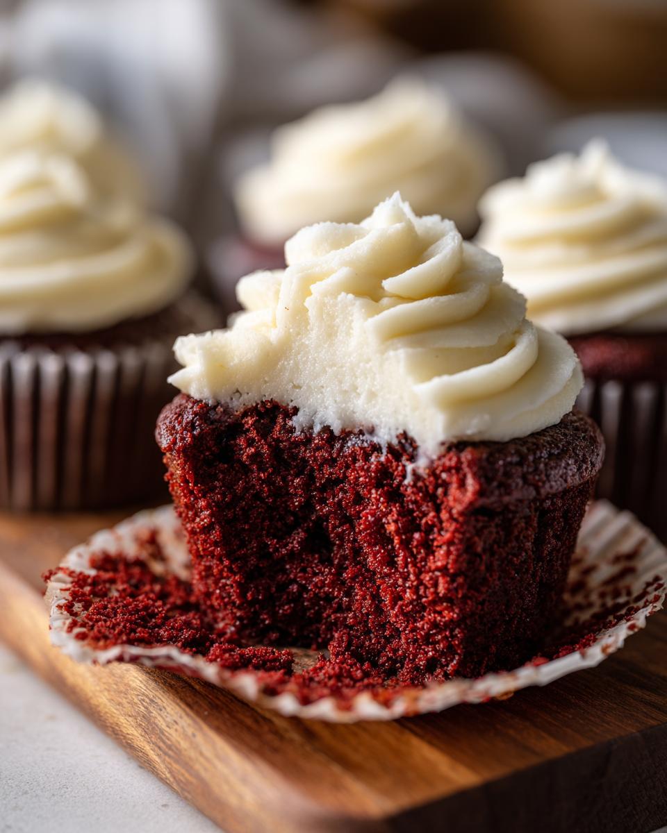 Close-up of a red velvet cupcake with a bite taken out, showing the moist crumb, and frosting.