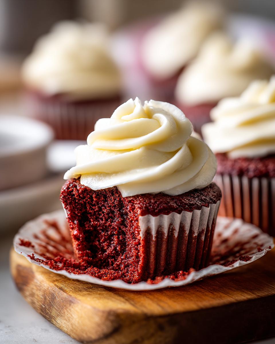 Close-up of a red velvet cupcake with a bite taken out, showing the moist crumb, and topped with frosting.