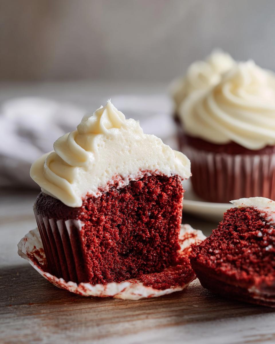 Close-up of a cut Red Velvet Cupcake revealing the moist crumb, topped with cream cheese frosting.