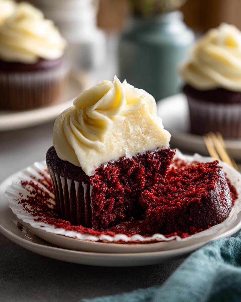 Close-up of a cut Red Velvet Cupcake with cream cheese frosting, showing the moist crumb.