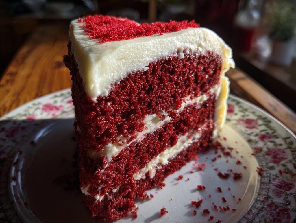 Close-up of a slice of Red Velvet Heart Cake with cream cheese frosting on a floral plate.