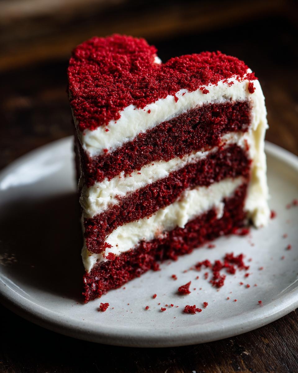 Close-up of a slice of Red Velvet Heart Cake on a plate, showing layers of cake and frosting.