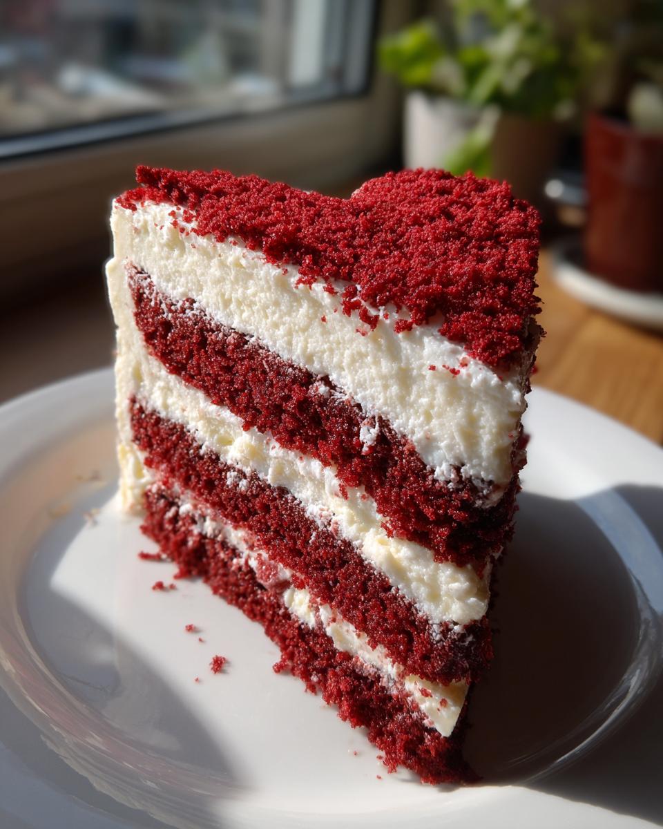 A slice of Red Velvet Heart Cake on a white plate, showing layers of red cake and white frosting.
