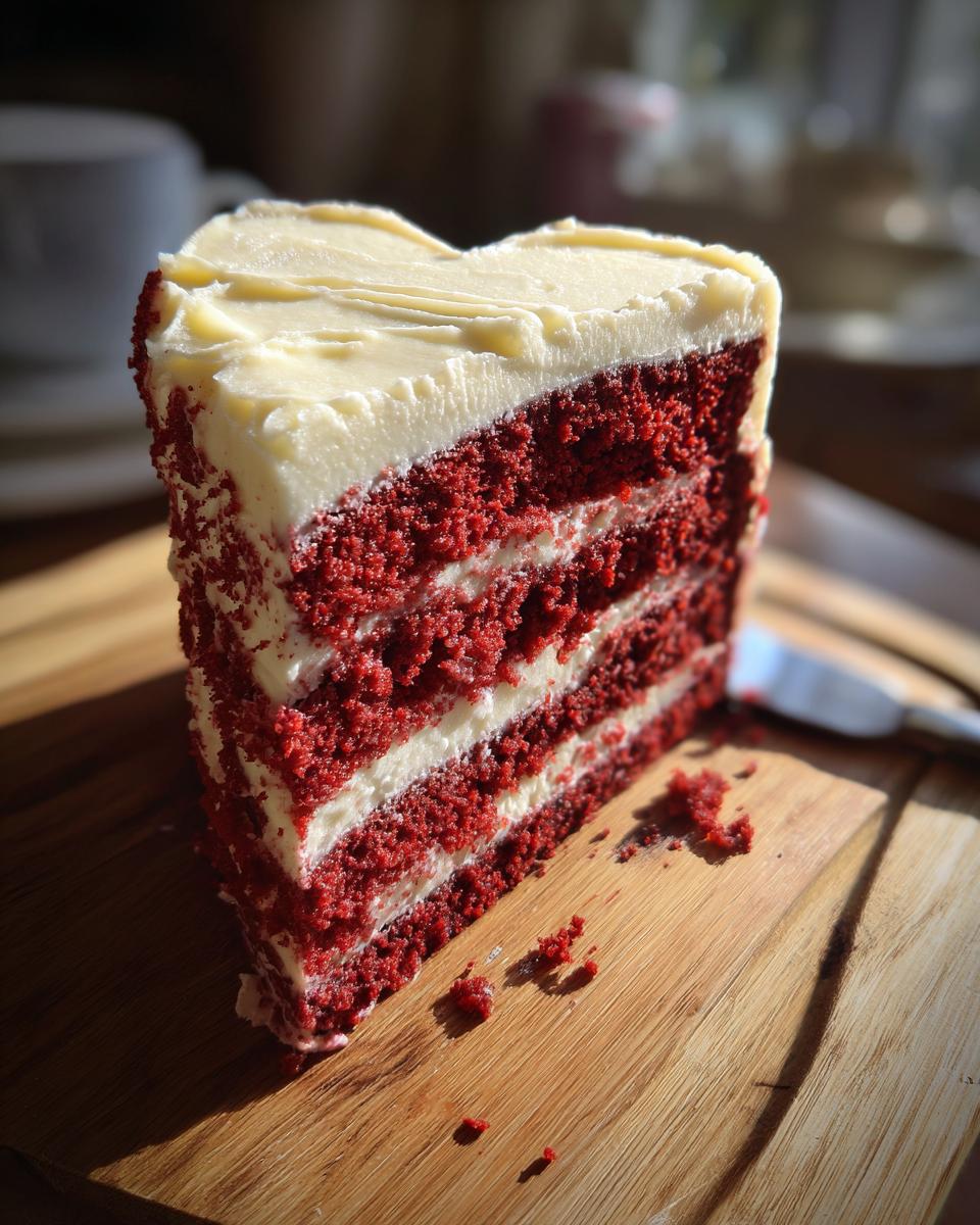 Close-up of a slice of Red Velvet Heart Cake with cream cheese frosting on a wooden board.