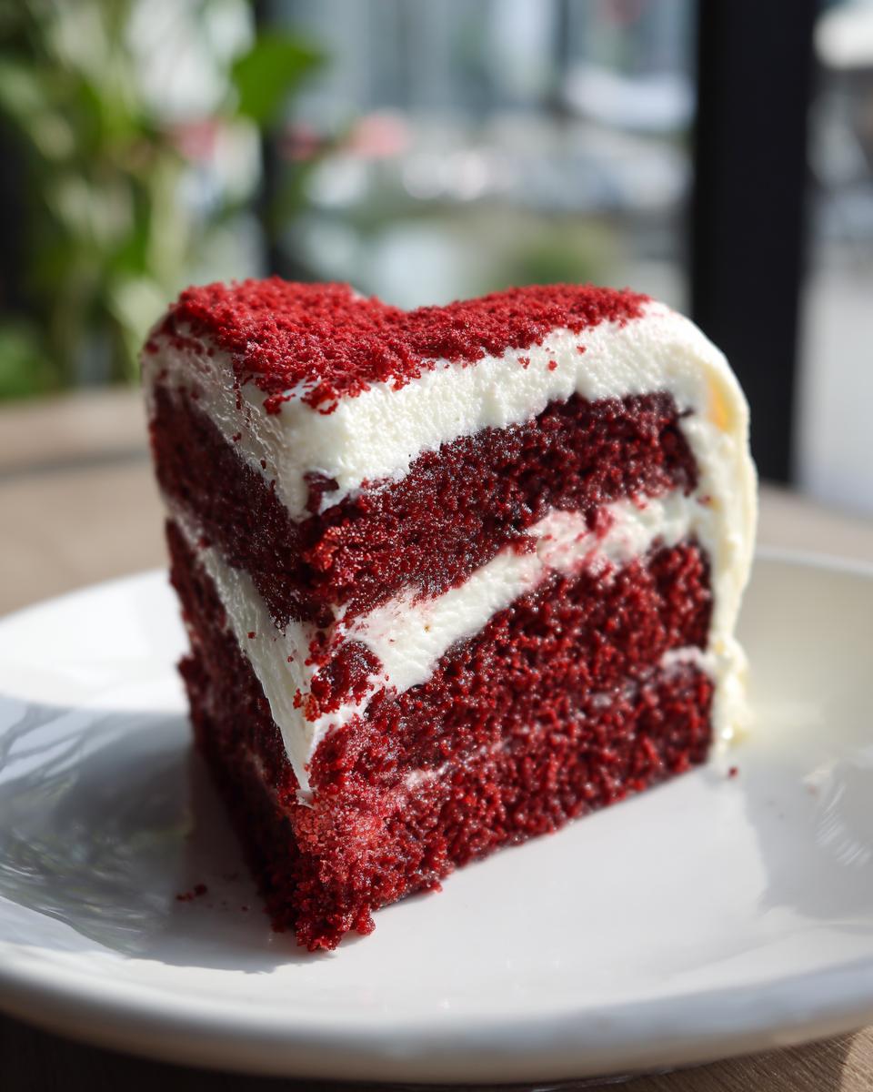 Close-up of a slice of Red Velvet Heart Cake with cream cheese frosting on a white plate.