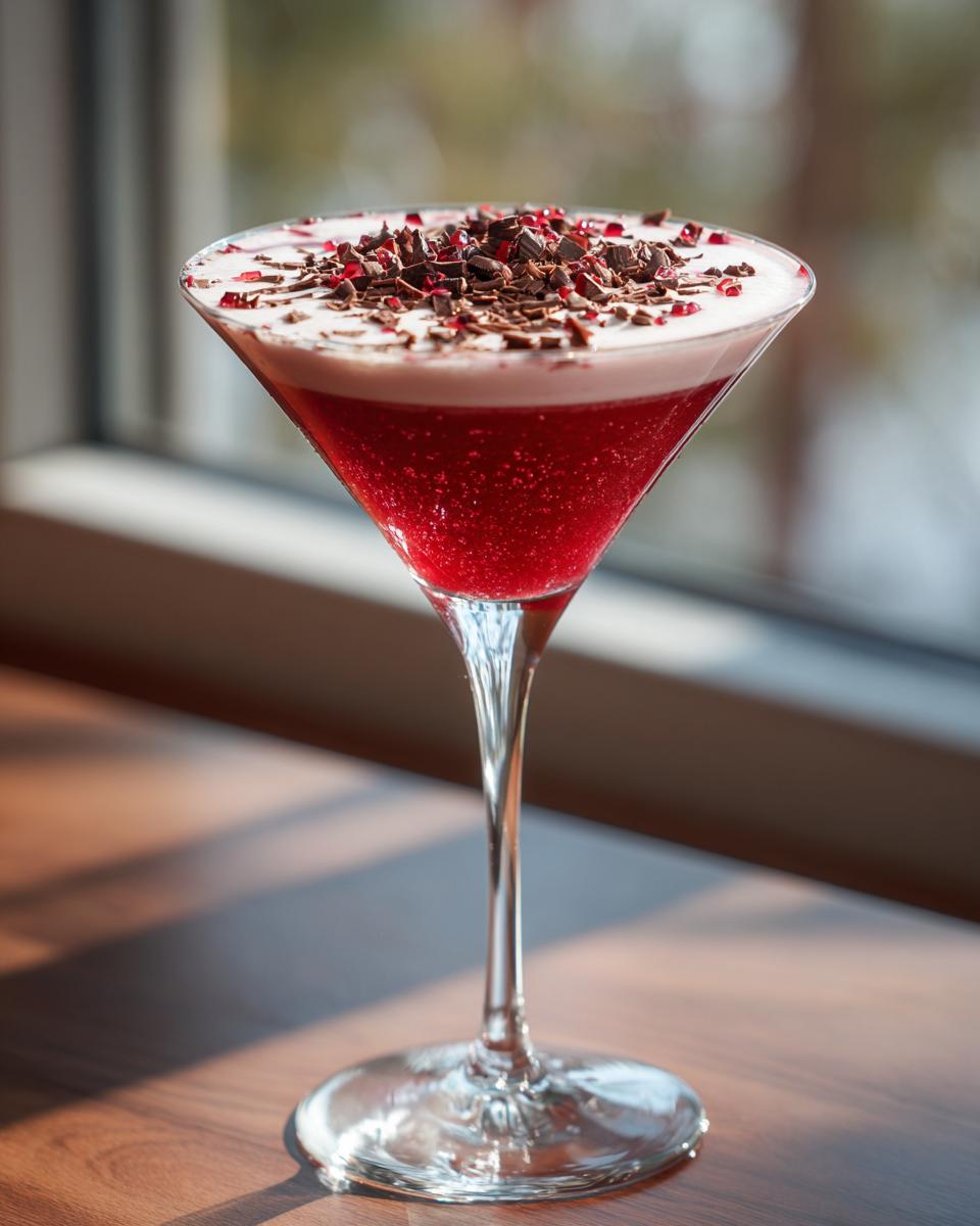 A vibrant Red Velvet Martini in a stemmed glass, garnished with chocolate shavings.