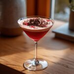 A beautiful Red Velvet Martini, garnished with chocolate shavings, perfect for Valentines Drinks.