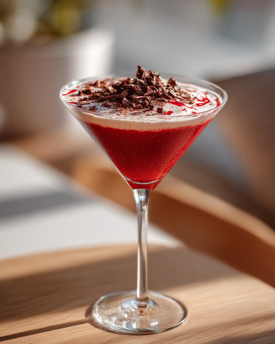 A delicious Red Velvet Martini in a glass, topped with chocolate shavings.