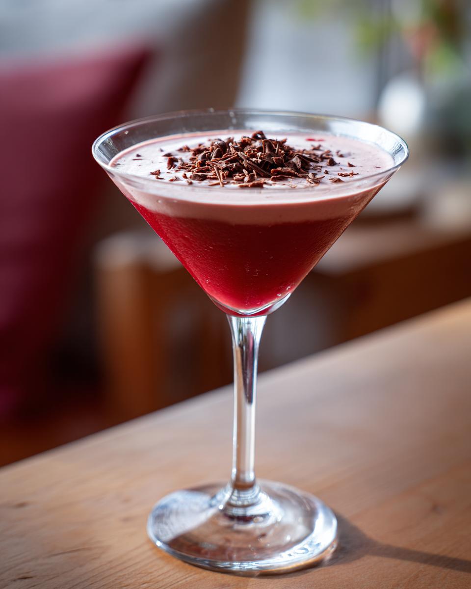 A vibrant Red Velvet Martini in a martini glass, garnished with chocolate shavings.