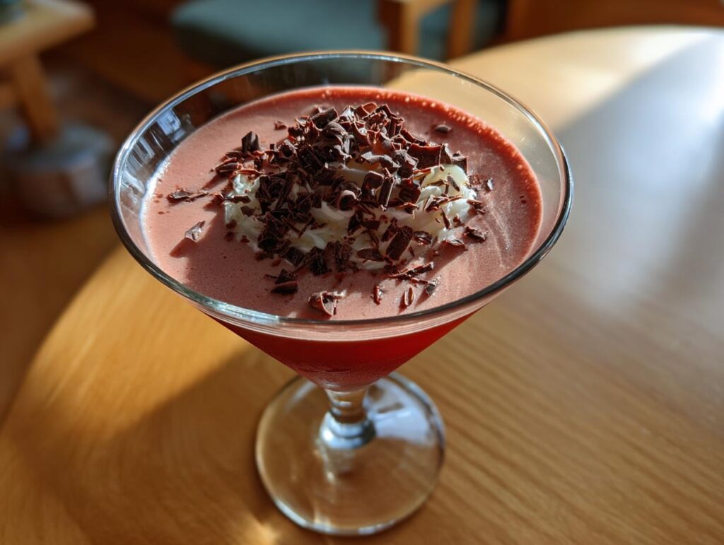 A delicious Red Velvet Martini in a glass, topped with whipped cream and chocolate shavings.