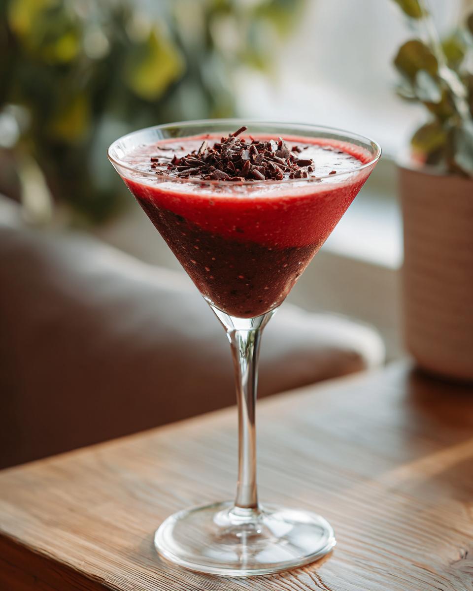 Close-up of a Red Velvet Martini in a martini glass, garnished with chocolate shavings.