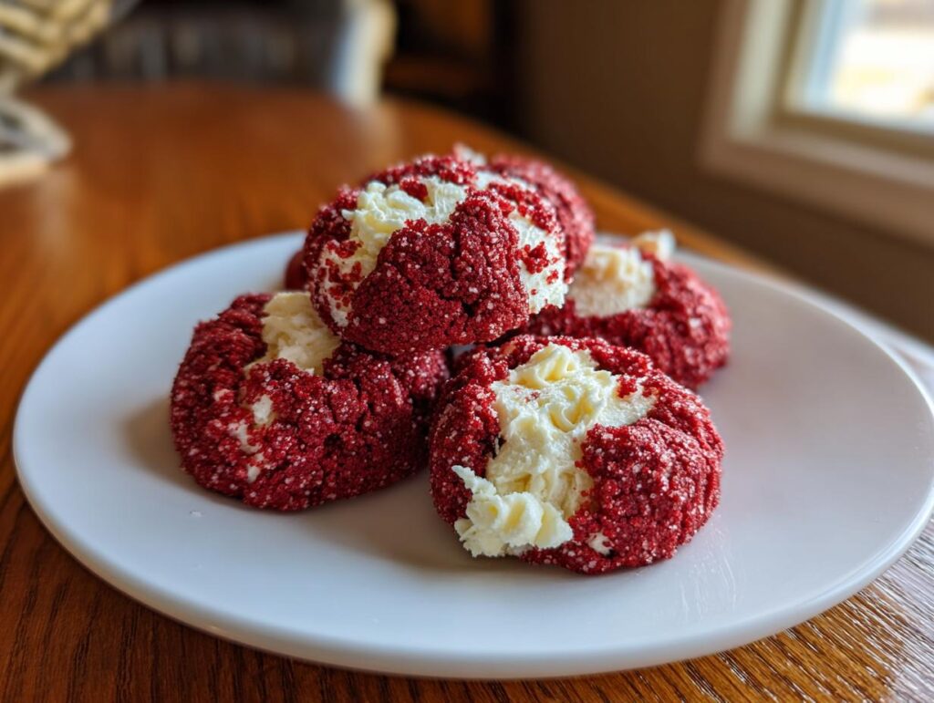 Close-up of Red Velvet Thumbprint Cookies with Cream Cheese filling on a white plate.
