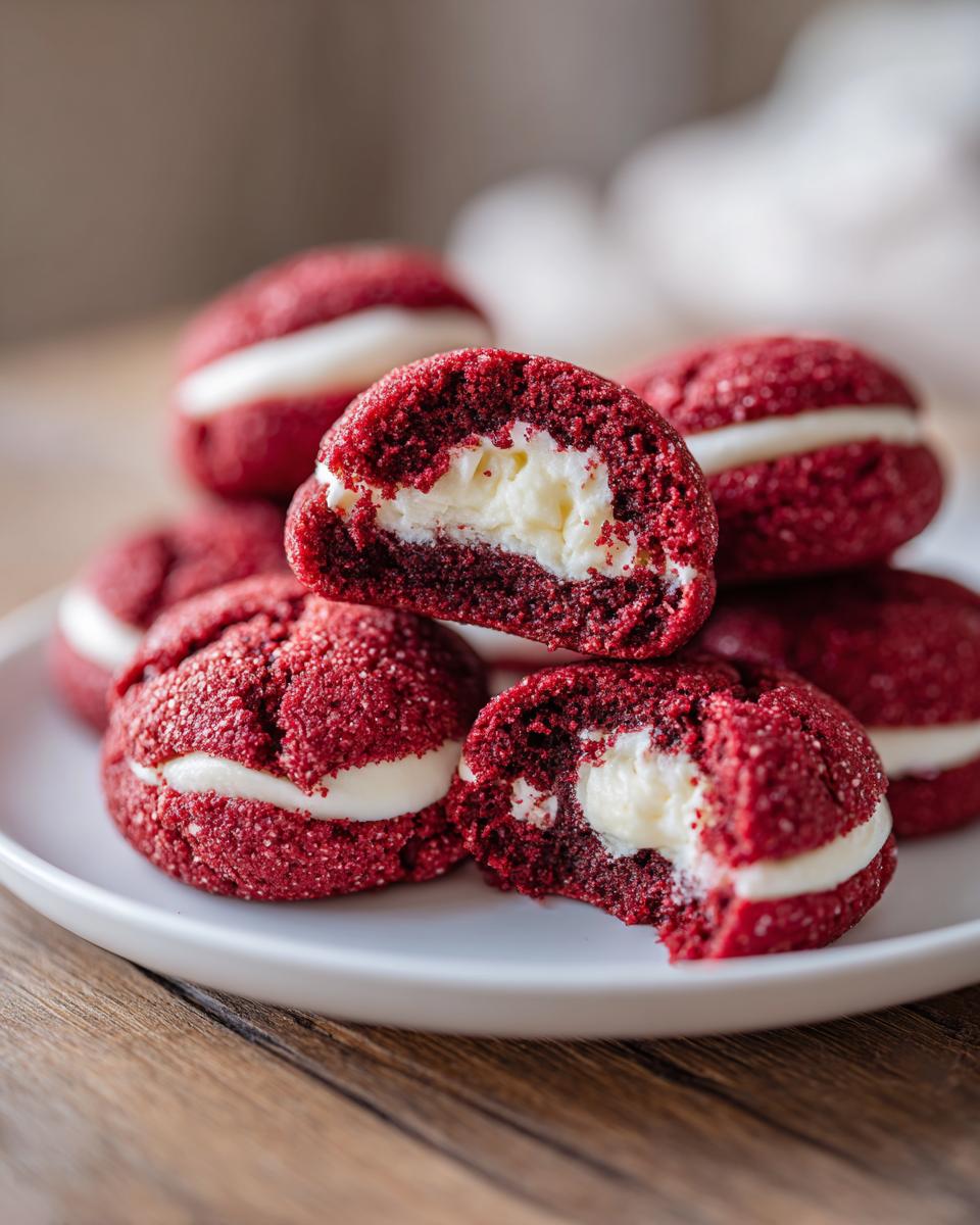 Close-up of Red Velvet Thumbprint Cookies with Cream Cheese filling, stacked on a plate.