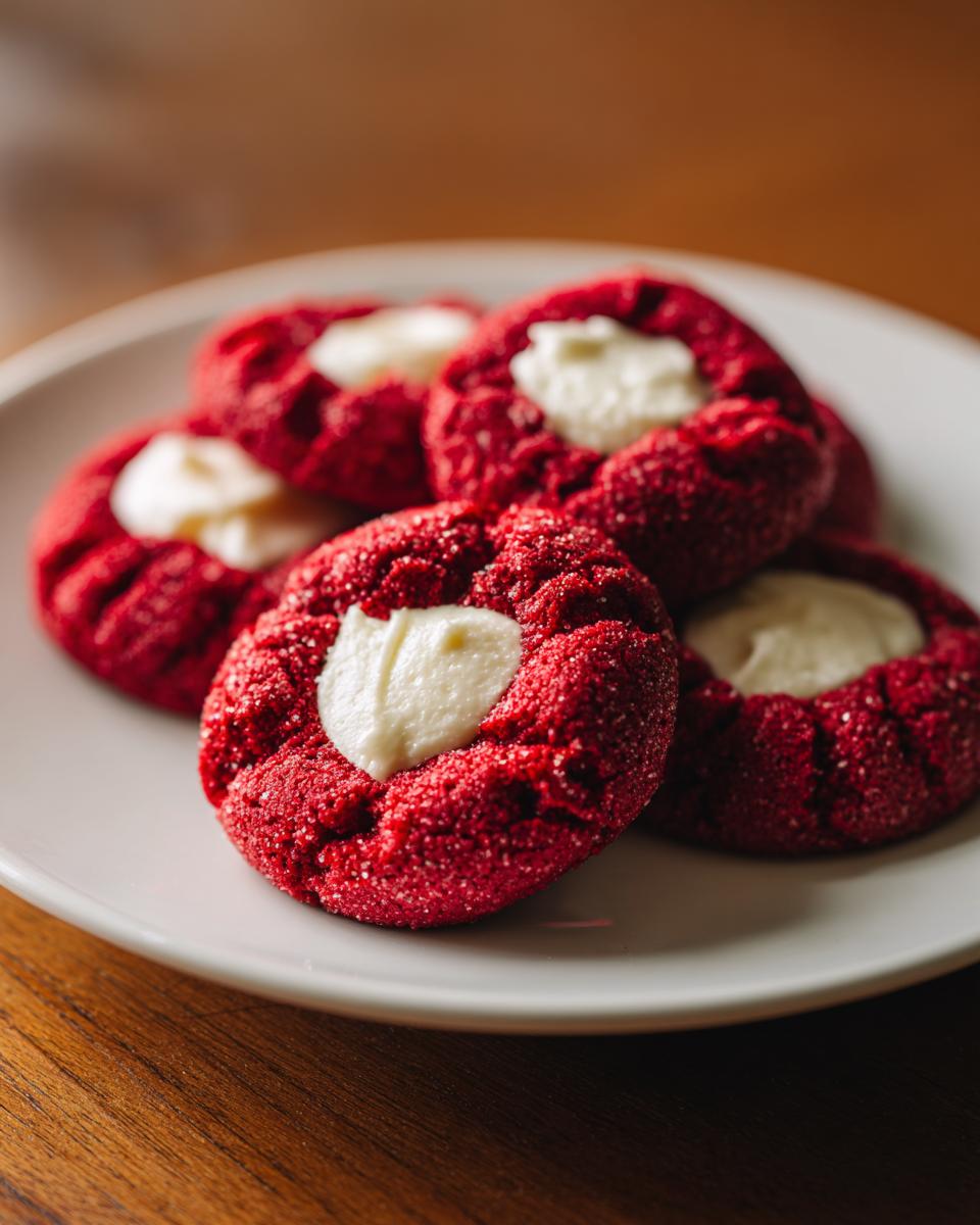 Close-up of Red Velvet Thumbprint Cookies with Cream Cheese filling on a white plate.