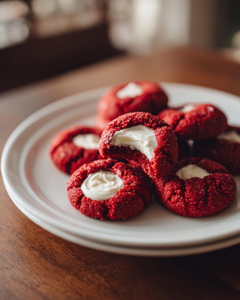 Close-up of Red Velvet Thumbprint Cookies with Cream Cheese filling on a white plate.