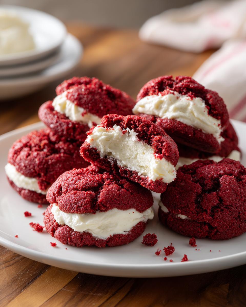Close-up of red velvet thumbprint cookies with cream cheese filling, stacked on a white plate.
