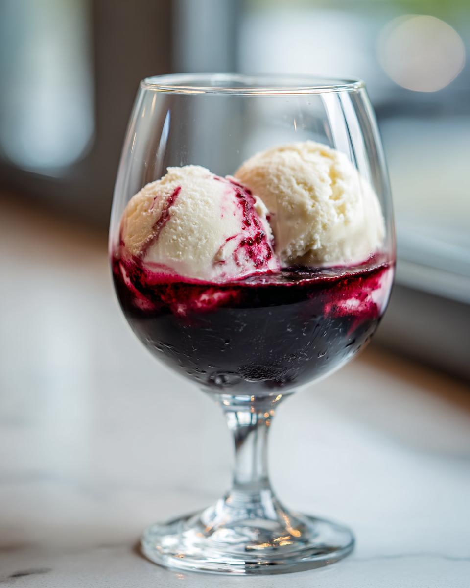 A close-up of a Red Wine Float in a wine glass with vanilla ice cream and red wine.