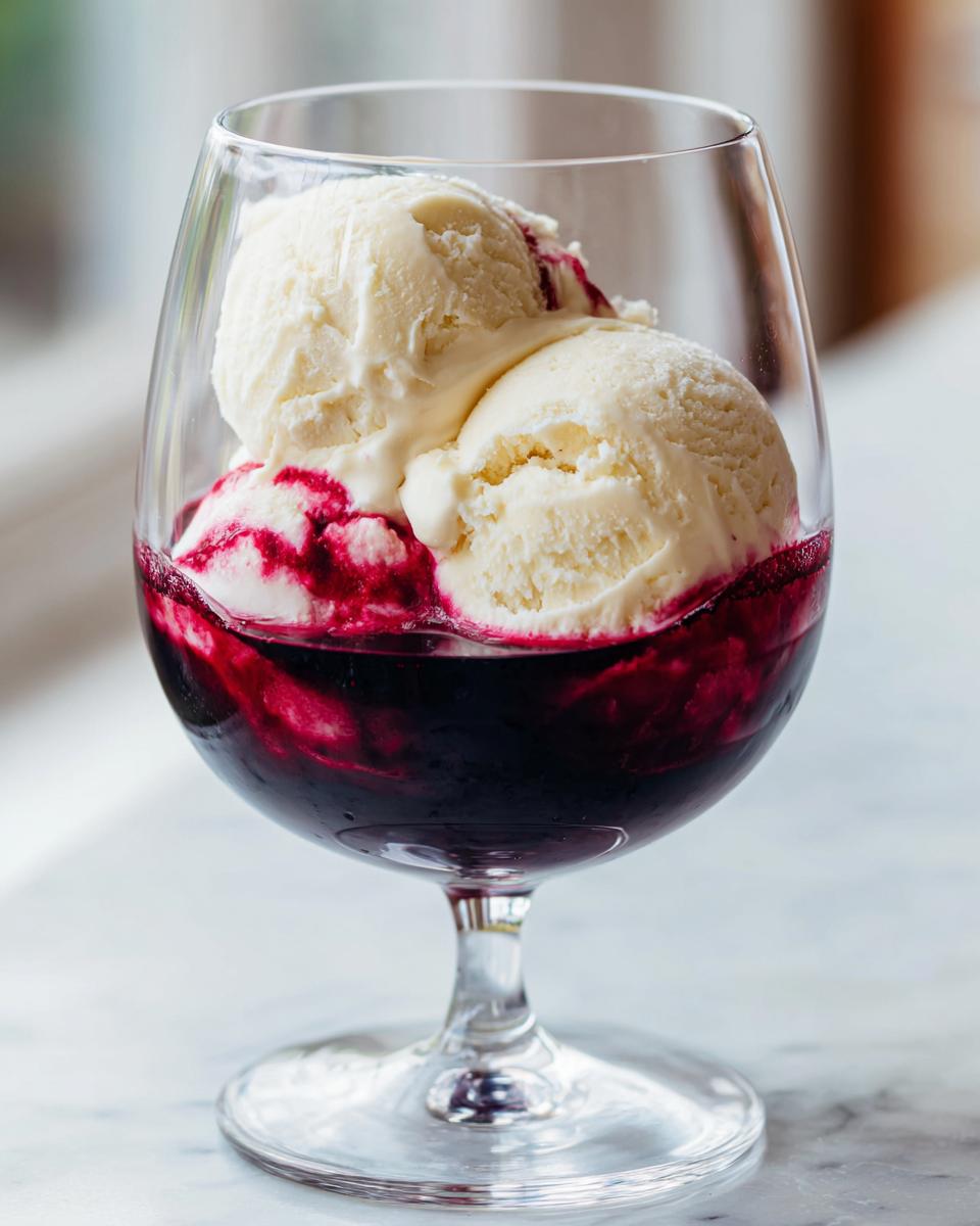 A close-up of a red wine float in a glass, with vanilla ice cream and red wine.