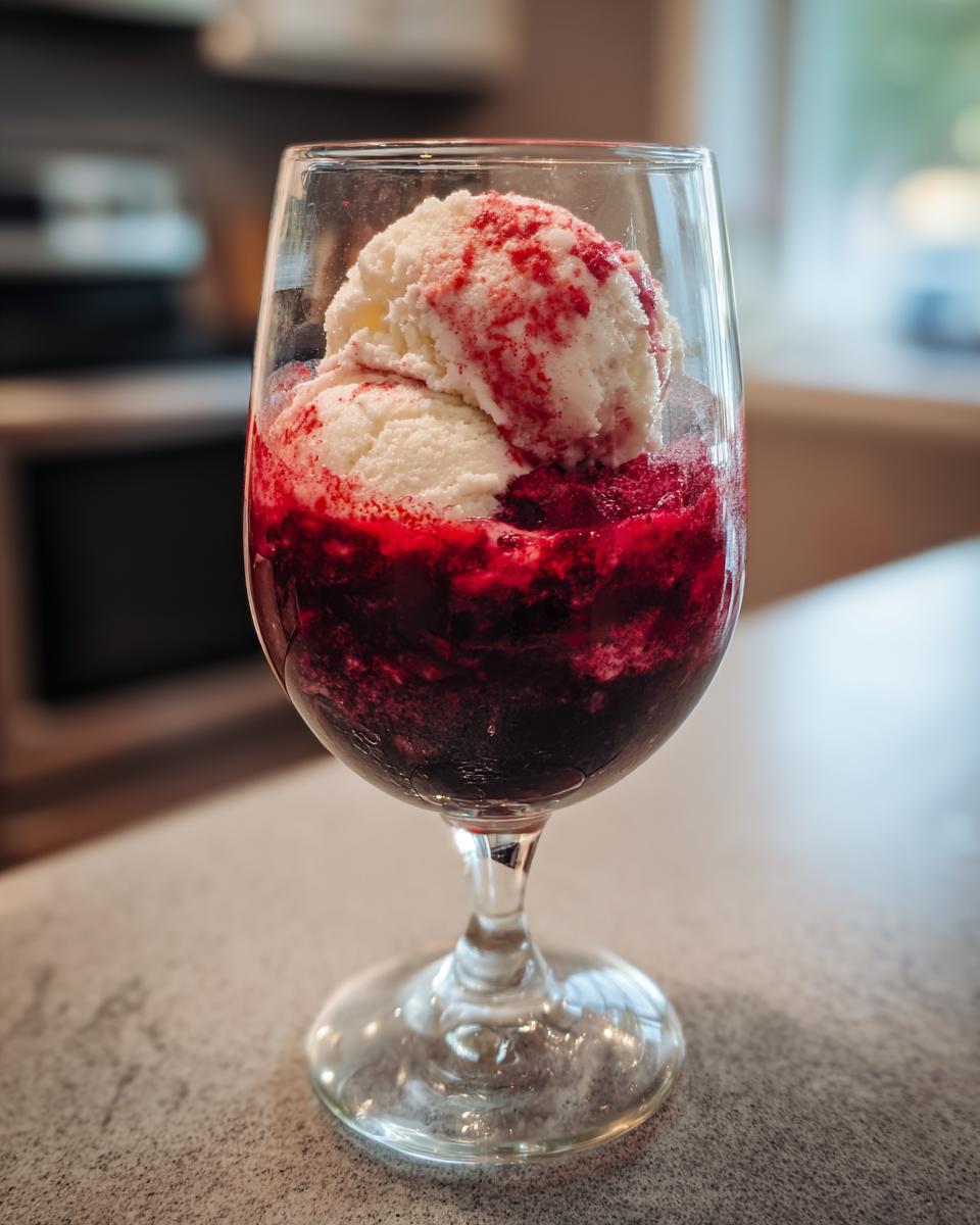 Red Wine Float in a wine glass with vanilla ice cream. A delicious Red Wine Float.