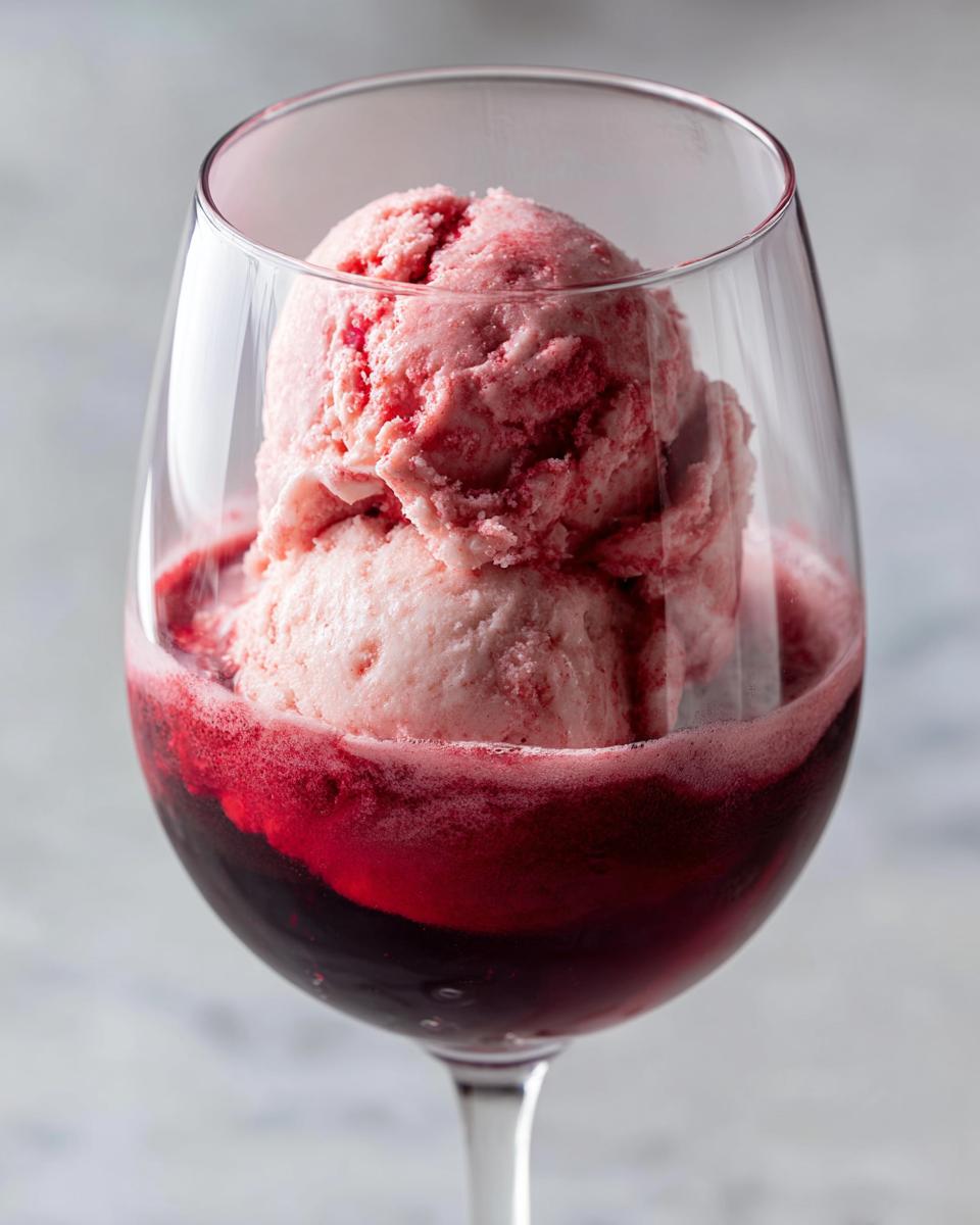 A close-up of a red wine float in a wine glass, showing ice cream and red wine.