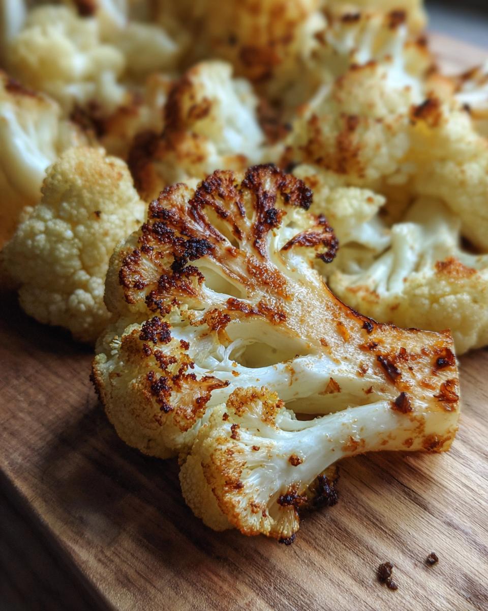 Close-up of roasted cauliflower florets, showing the crispy, browned edges. The image showcases the Roasted Cauliflower with Warm Spices.