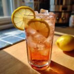 A tall glass of Rosewater Iced Tea with ice cubes and lemon slices, perfect for a hot day.
