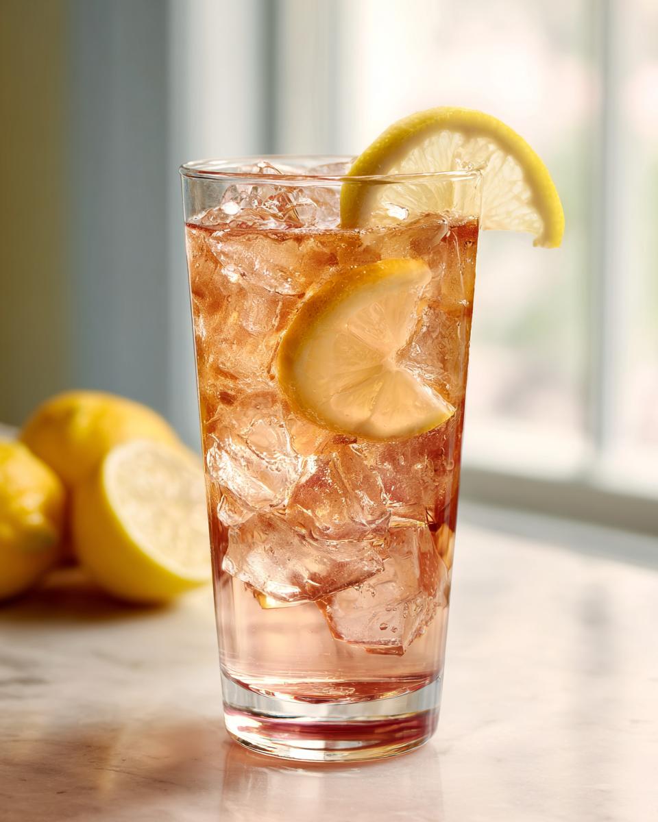 A tall glass of Rosewater Iced Tea with ice and lemon slices, a refreshing summer drink.