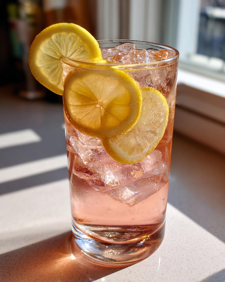 A glass of Rosewater Iced Tea garnished with lemon slices and ice.