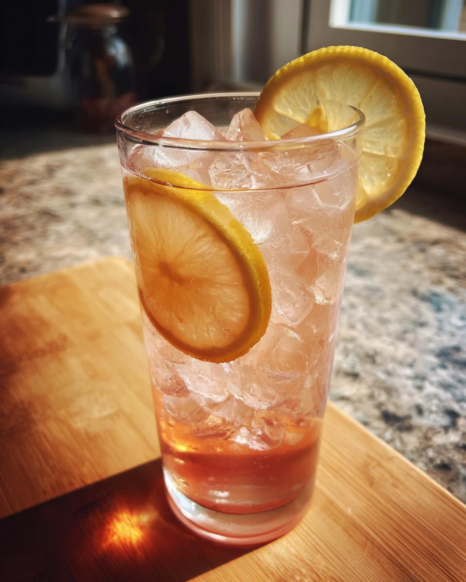 A glass of Rosewater Iced Tea with ice and lemon slices, refreshing drink.