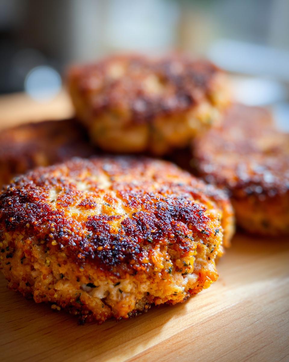 Close-up of golden-brown Salmon & Flaxseed Crunchers on a wooden surface.