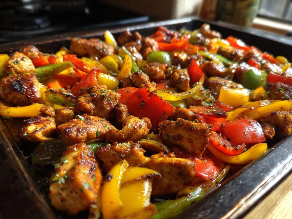 Close-up of sheet pan chicken fajitas with chicken, red, yellow, and green bell peppers.