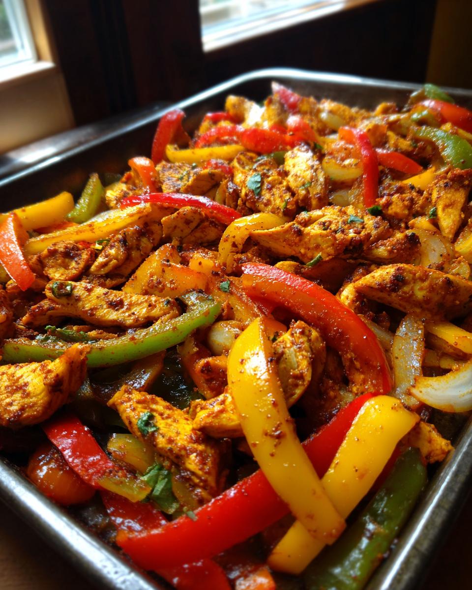 Overhead shot of Sheet Pan Chicken Fajitas with colorful bell peppers, onions, and seasoned chicken.