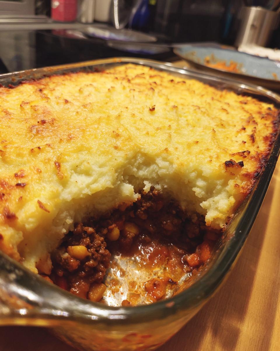 Close-up of a Shepherd's Pie with a portion removed, showing the filling and mashed potato topping.