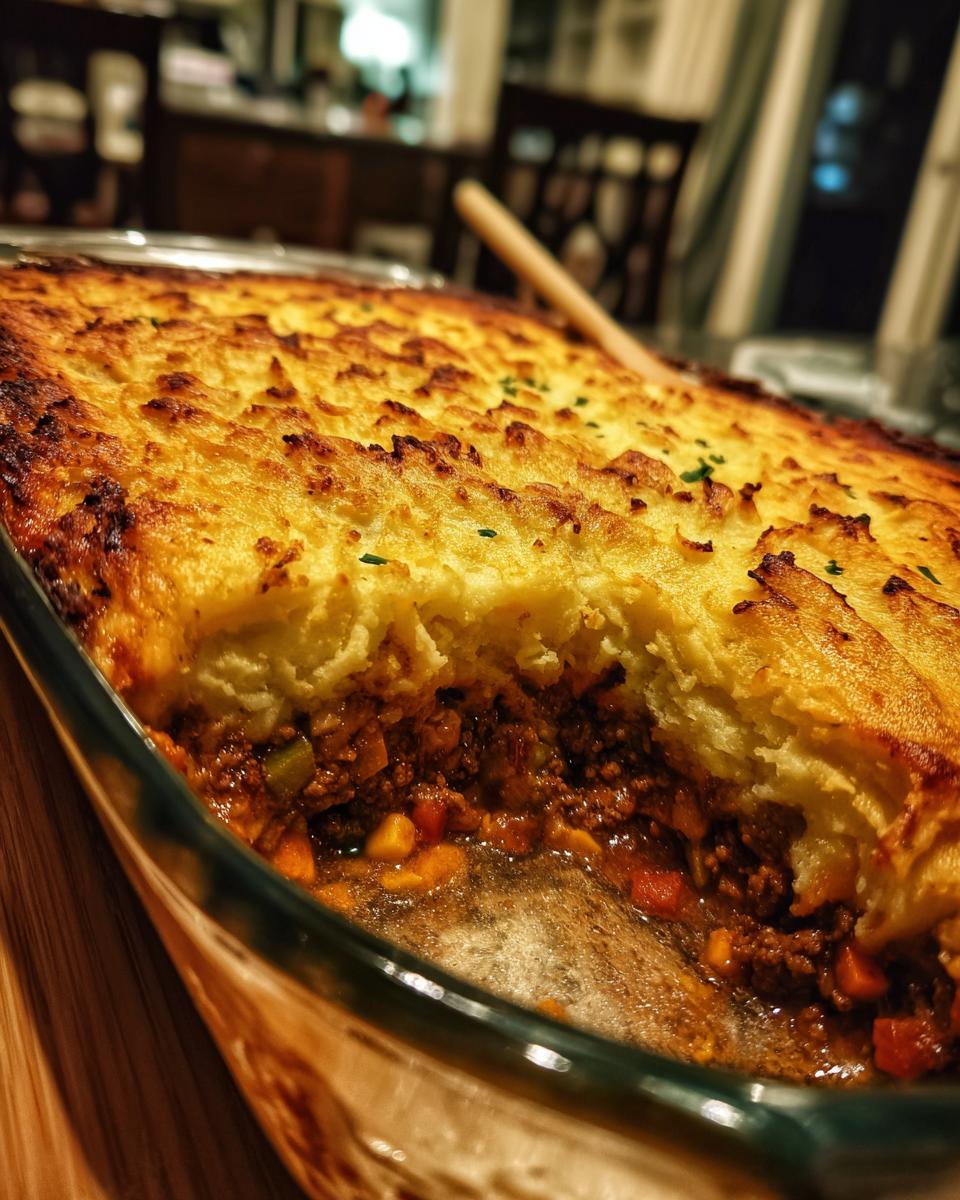 Close-up of a Shepherd's Pie in a glass dish, showing the meat and vegetable filling and mashed potato topping.