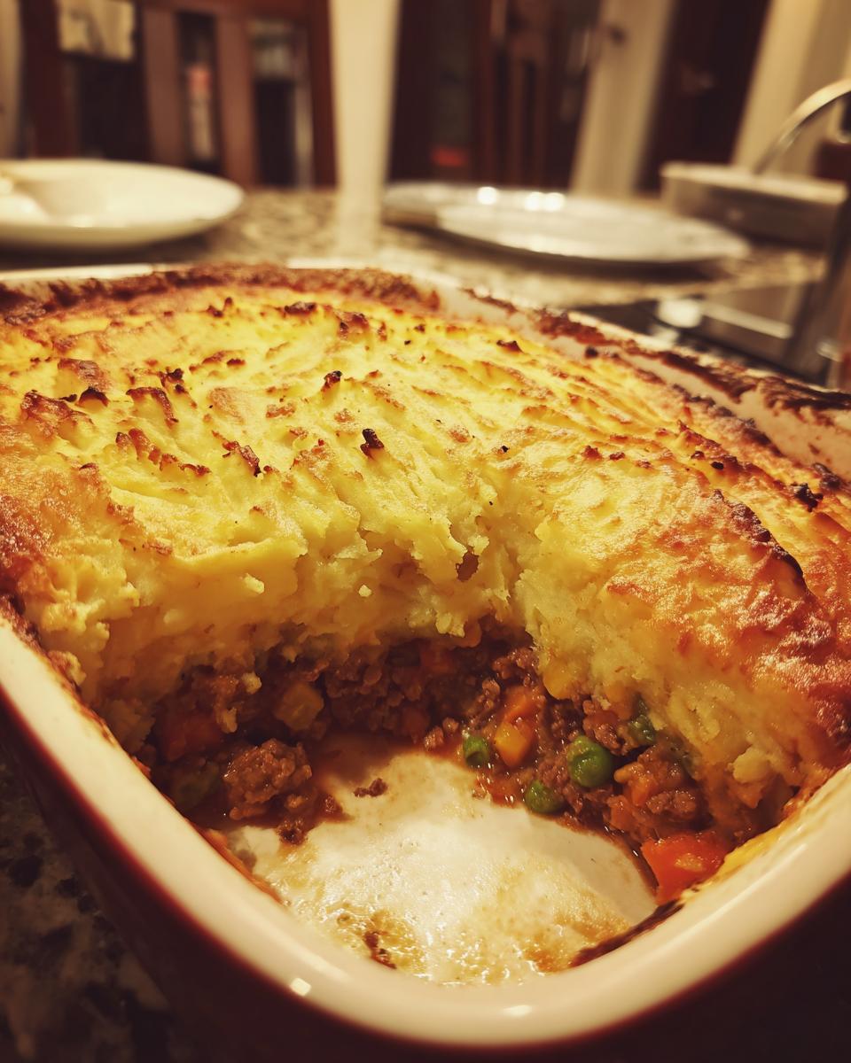 Close-up of a Shepherd's Pie in a baking dish, showing the meat and vegetable filling.