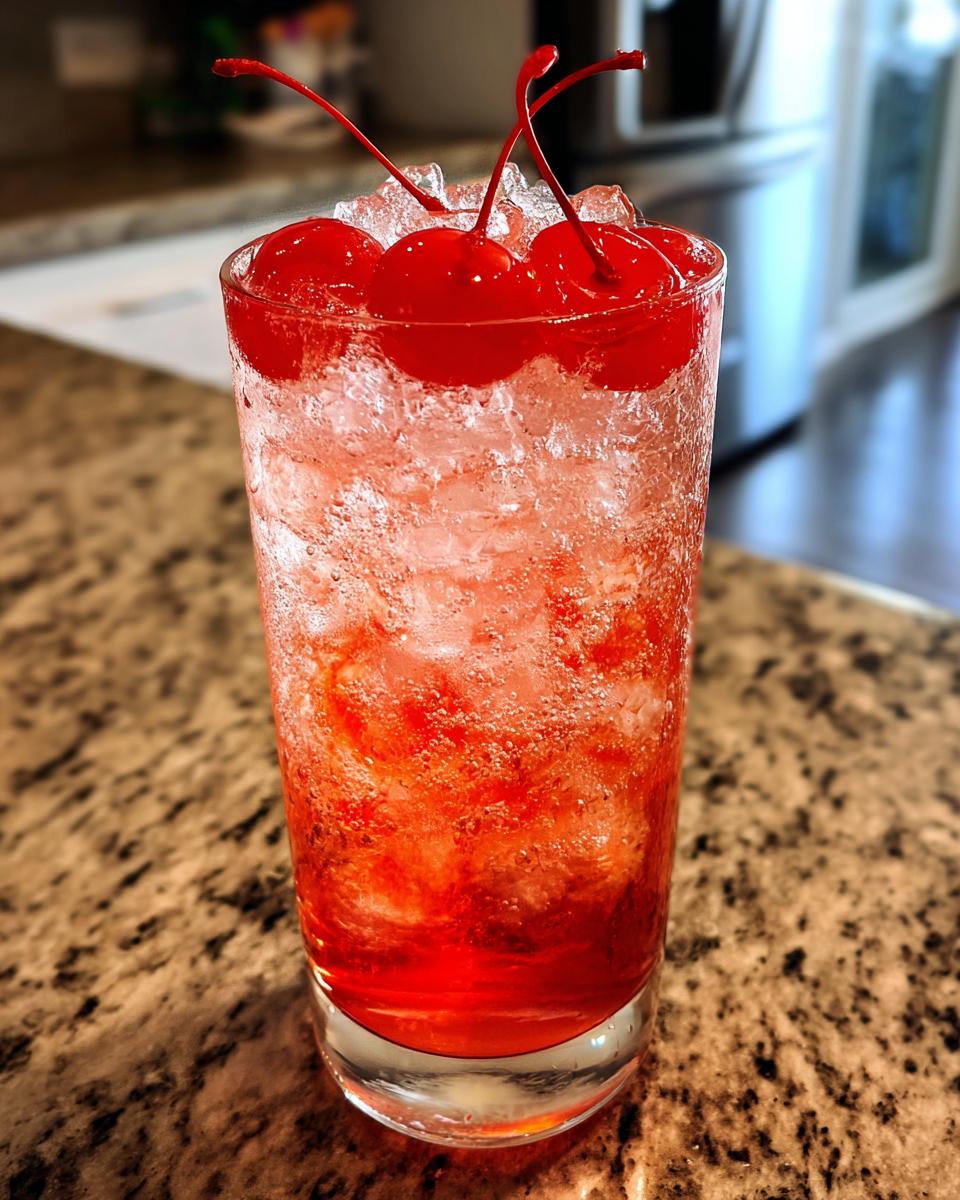 A tall glass of Shirley Temple Punch garnished with maraschino cherries and ice.