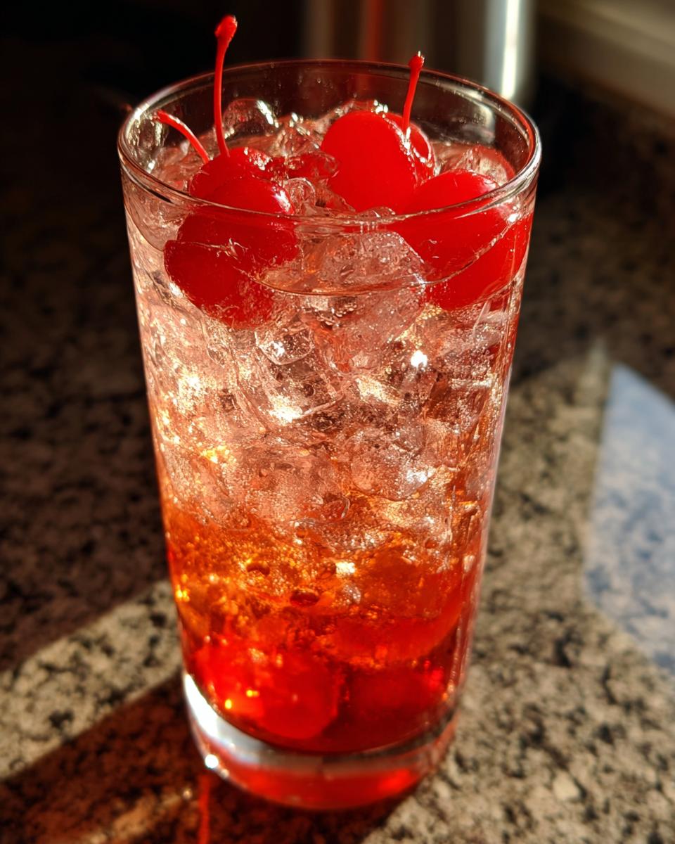 Close-up of a Shirley Temple Punch in a glass with ice and maraschino cherries.