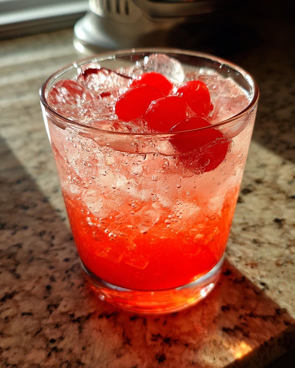 A glass of vibrant Shirley Temple Punch, garnished with cherries and ice.