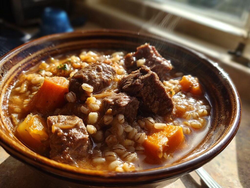 Close-up of a bowl of Slow-Cooker Beef & Barley Stew with beef chunks, barley, and vegetables.
