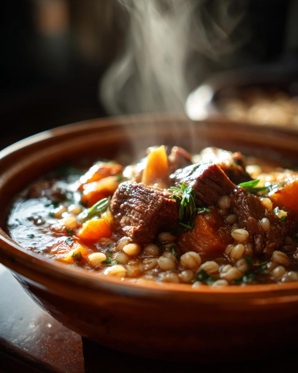 Close-up of a bowl of steaming Slow-Cooker Beef & Barley Stew with barley, carrots, and beef.