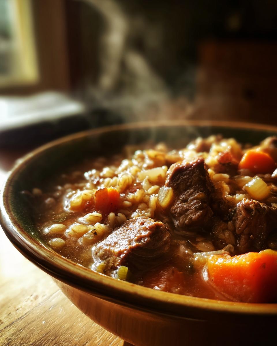 Close-up of a bowl of Slow-Cooker Beef & Barley Stew with beef, barley, and vegetables.